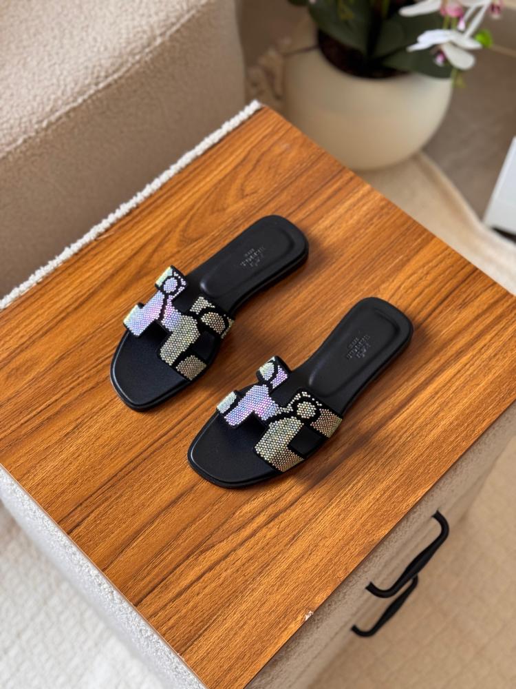 Hermes Oran Flat Slides in Black with Rainbow Rhinestones