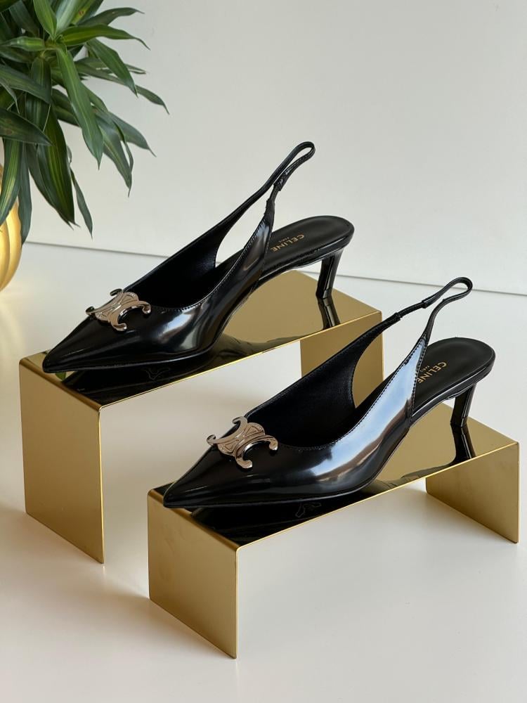 【VIP価格】CELINE Slingback Pumps Celine Women's Black Low Heel Slingback Pump with Silver