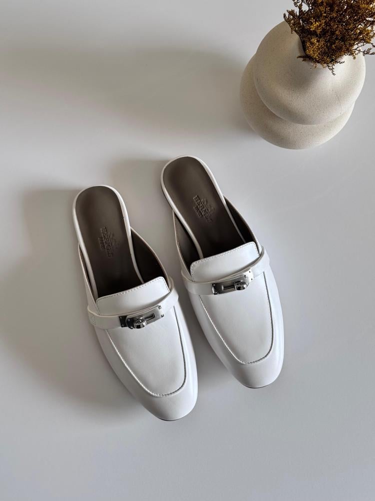 Hermes Women's Slippers, White Leather, Closed Goose