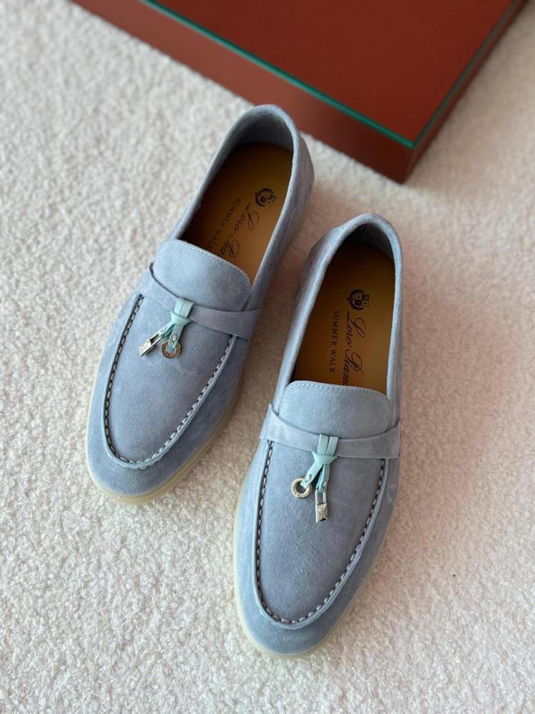 Loro Piana Women's Flat Soft Leather Light Blue Loafers