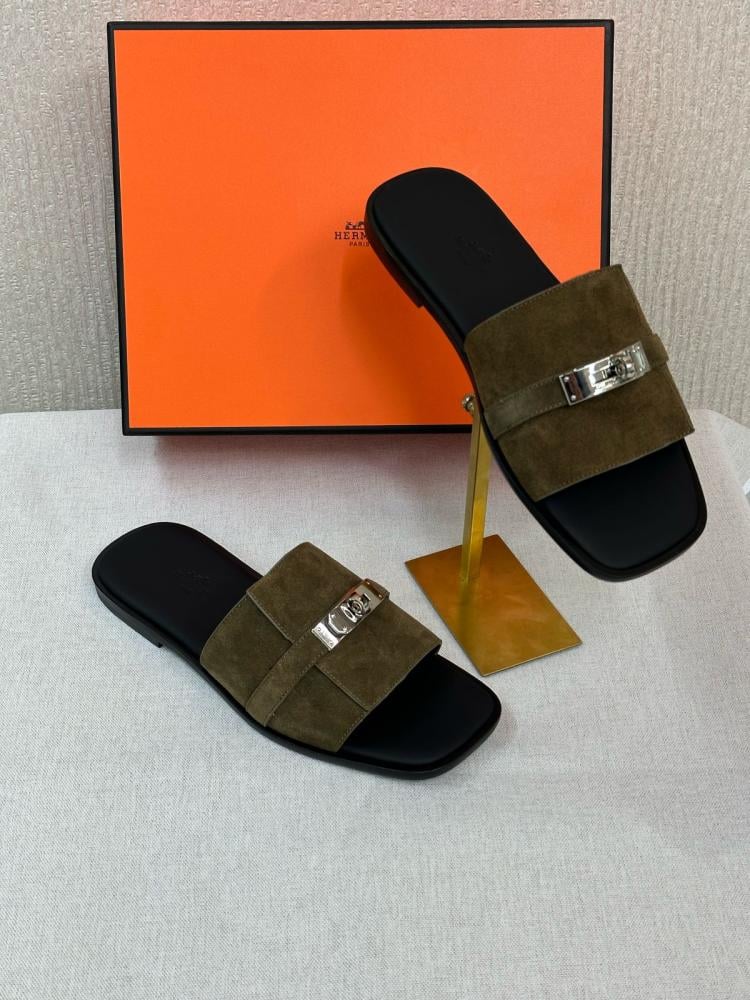 Hermes Gabriel Men's Suede Slippers in Black Olive Luxury