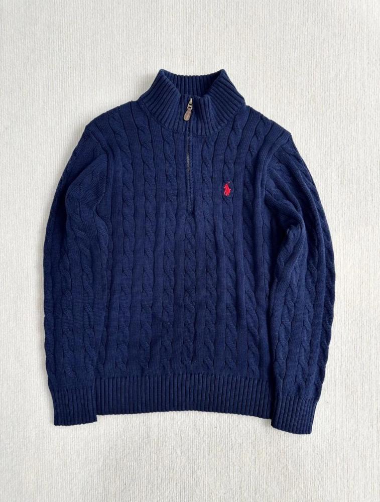118215　POLO RALPH LAUREN　ケーブル　ハイネック　ジップ Ralph Lauren Men's Blue Zip Turtleneck Sweater - E-SEVEN STORE