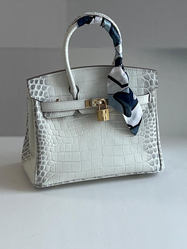 Hermes Birkin Handbag 25cm White Black Crocodile Skin Pattern