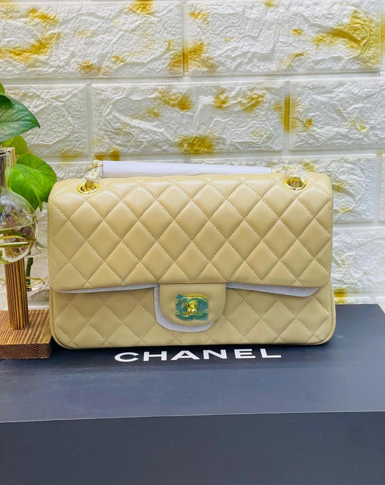 【s】 Chanel Women's Flap Bag with Gold Chain, Bright Yellow - E