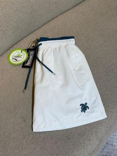 Men's plain white flip-flop beach shorts with blue embroidered