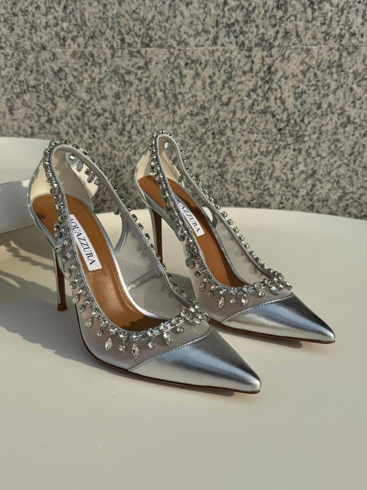 Aquazzura Women's Evening Heels, Silver, Elegant, Crystal-Embellished