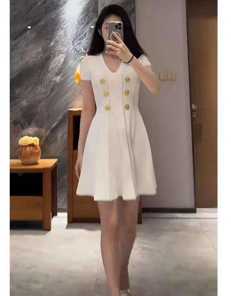 ワンピース BALMAIN Women Short Skirts EF0R8058KI48GAB White Pinko Dress Balmain White Short Dress with Gold Buttons - E