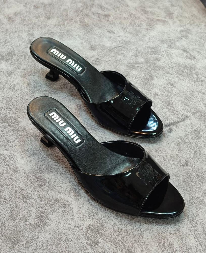 Miu Miu Women's Black Shiny Leather Strapless Sandal - E-SEVEN STORE