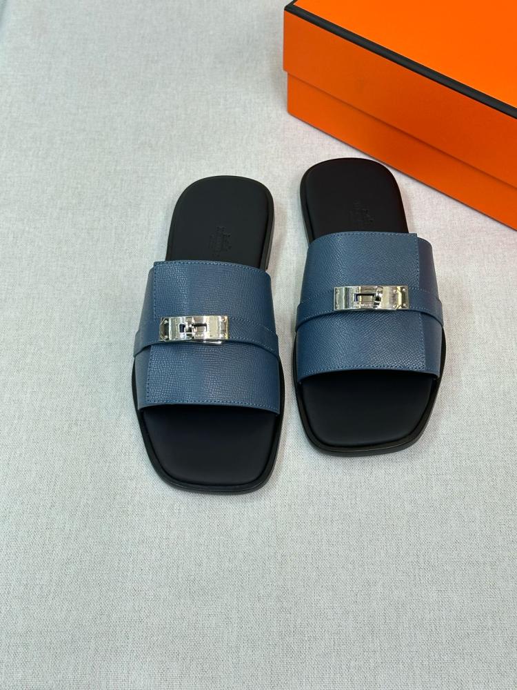 Hermes Gabrielle Men's Leather Slippers in Navy - E-SEVEN STORE