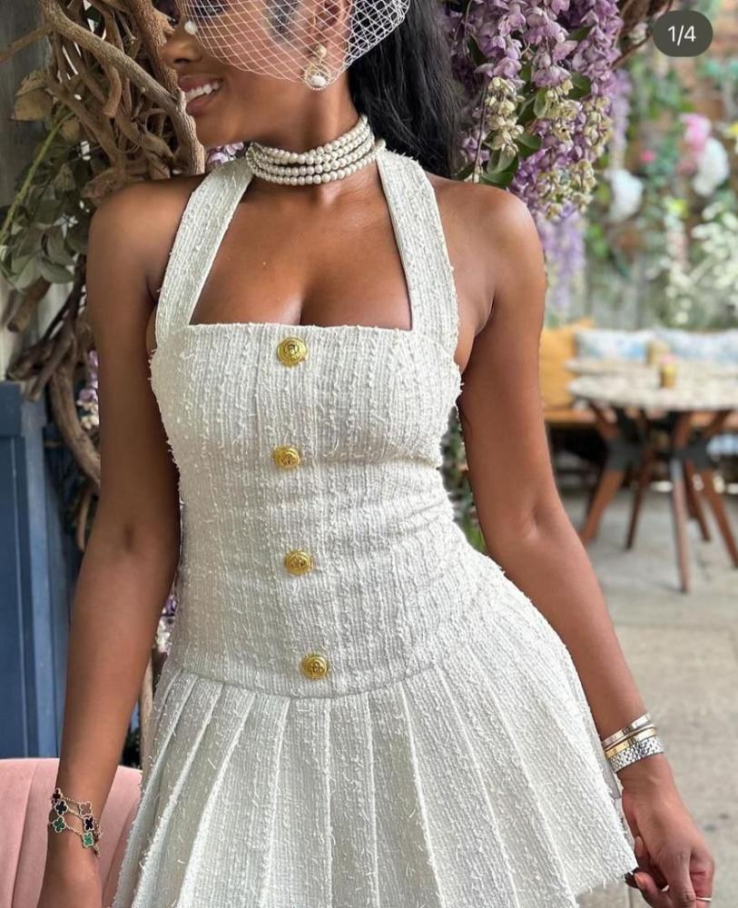 T Balmain White Sleeveless Tweed Mini Dress - E-SEVEN STORE