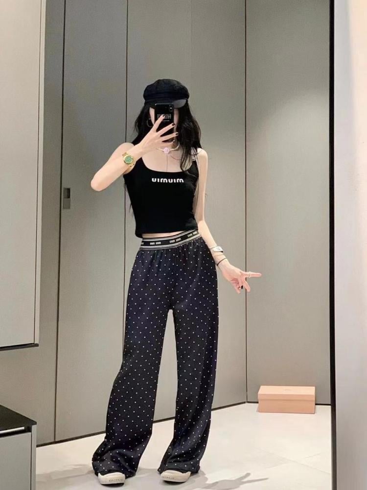 Miumiu Women's Wide Leg Pants with Elastic Waist, Black - E
