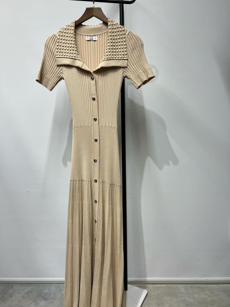 【海外限定】Sandroワンピース☆V-Neck Button-Down Linen Maxi Pleated maxi dress white / beige For Women | Sandro Paris