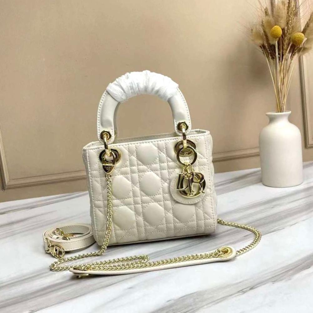 Dior white mini shoulder bag with gold chain