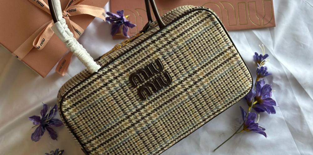 Miu Miu Checked 34CM Handbag with Top Handles and Zipper - E-SEVEN