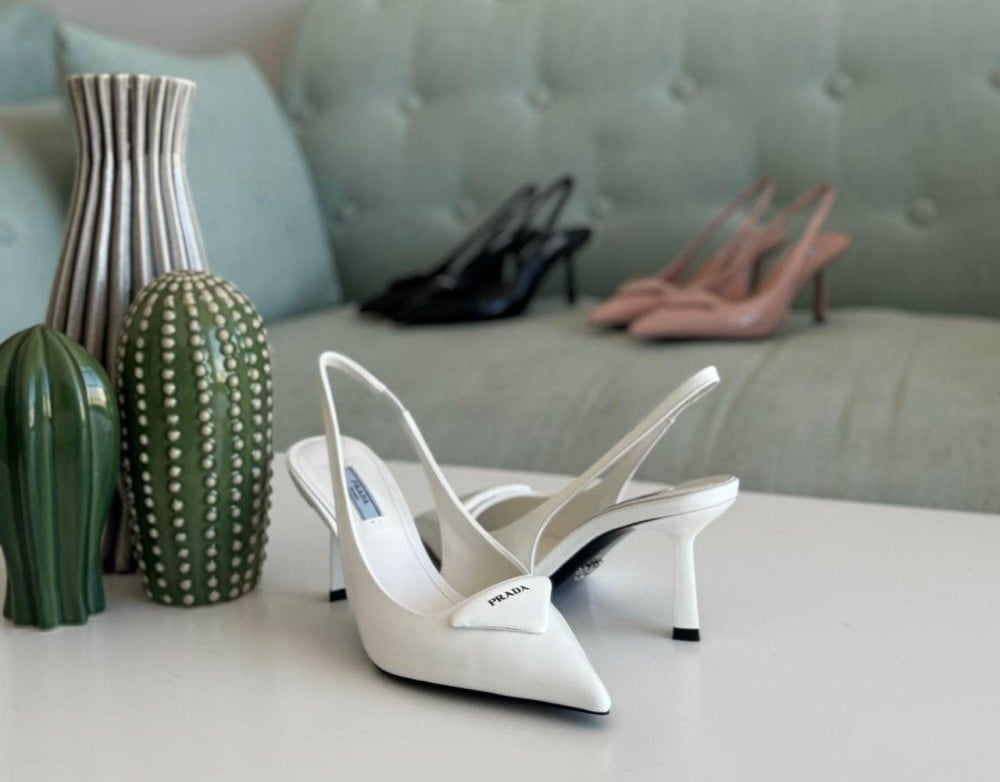 Prada White Mid Heel Slingback Sandal - E-SEVEN STORE