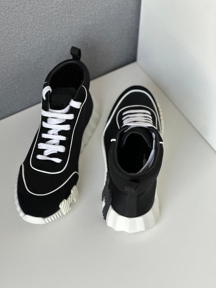 Hermes Men's High Top Black with White Stripes Shoes - E
