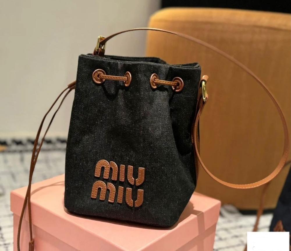Miu Miu Bucket Bag Denim Bag Style Black and Honey