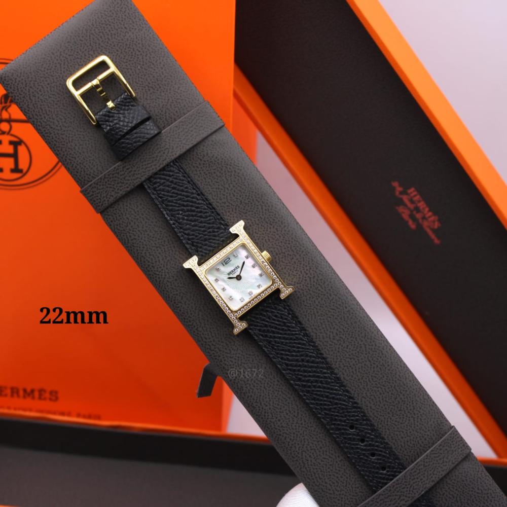 Hermes H Women's Black Leather Watch with Gold Studded Bezel