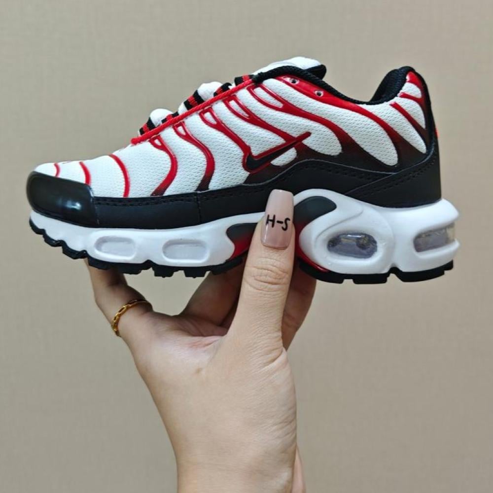 Nike Kids Air Max Plus Shoes in White, Black and Red - E