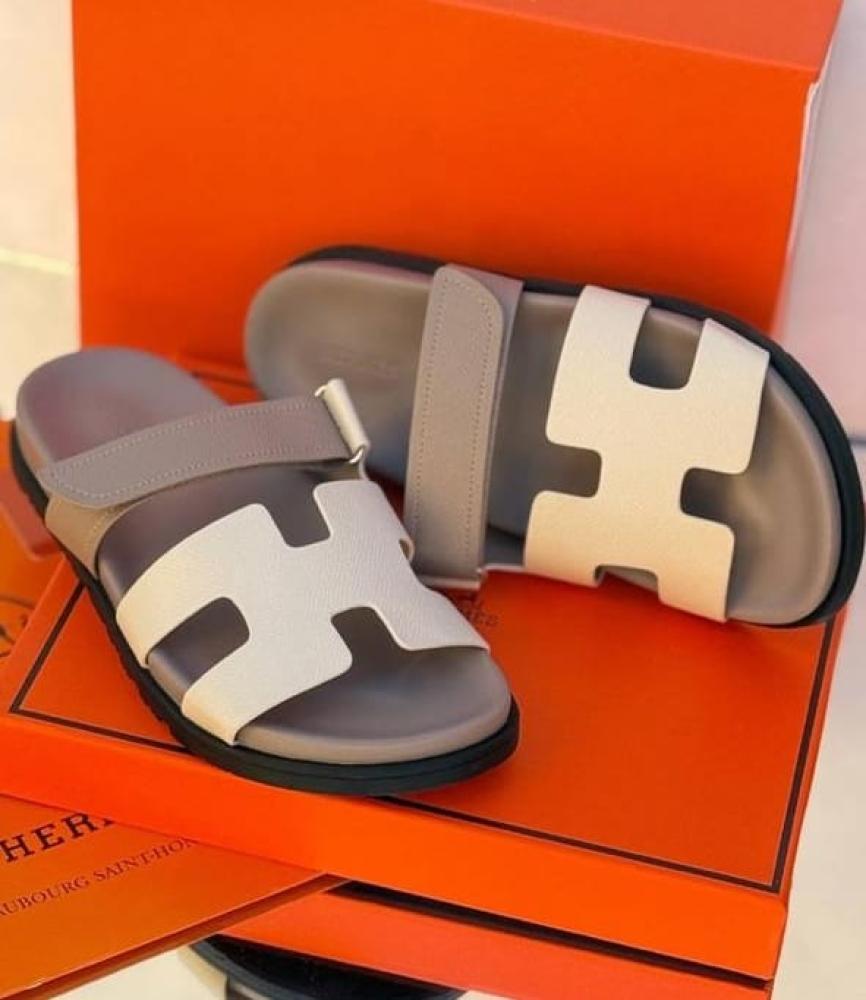 Hermes Shaper Men's Strapless Sandal in Grey and White Leather