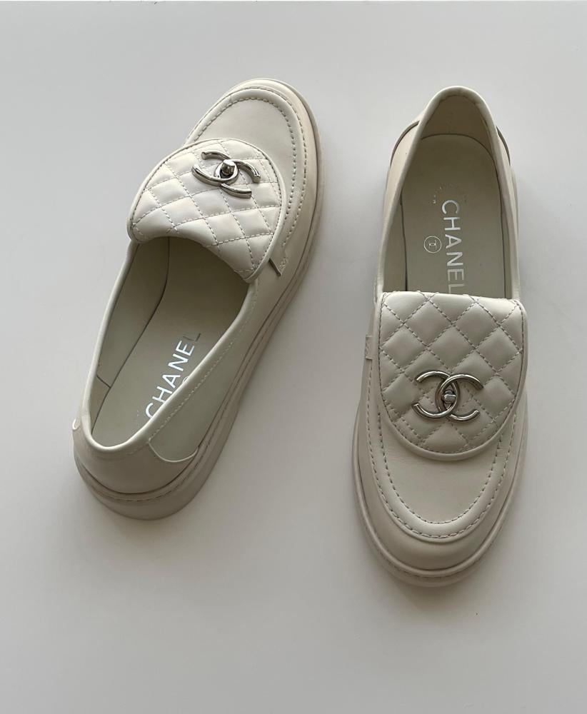 Chanel Business Women's Flat Shoes, White, Silver Logo