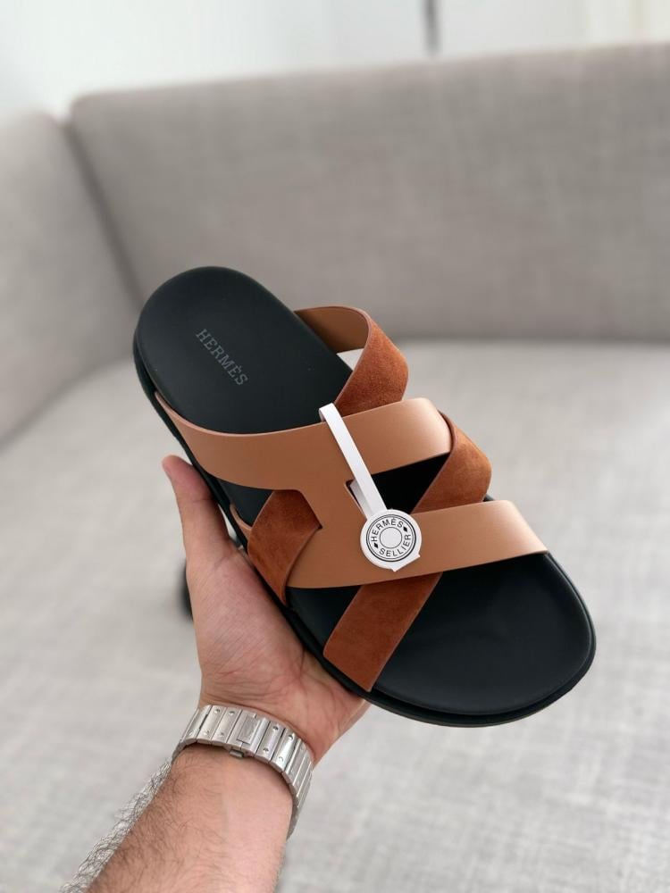Hermes Casimir Men's Luxury Sandal, Brown, Black Sole E-SEVEN STORE