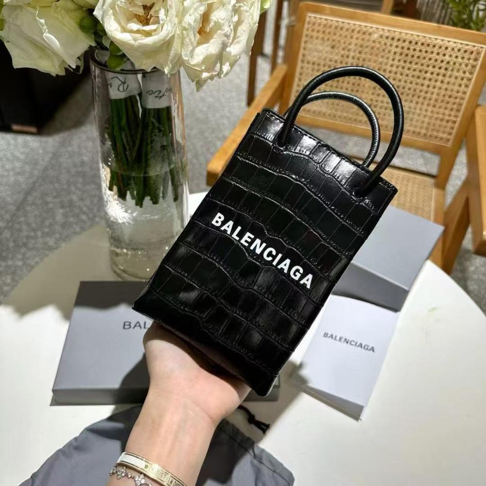 Balenciaga Crocodile-Embossed Leather Bag with White Logo
