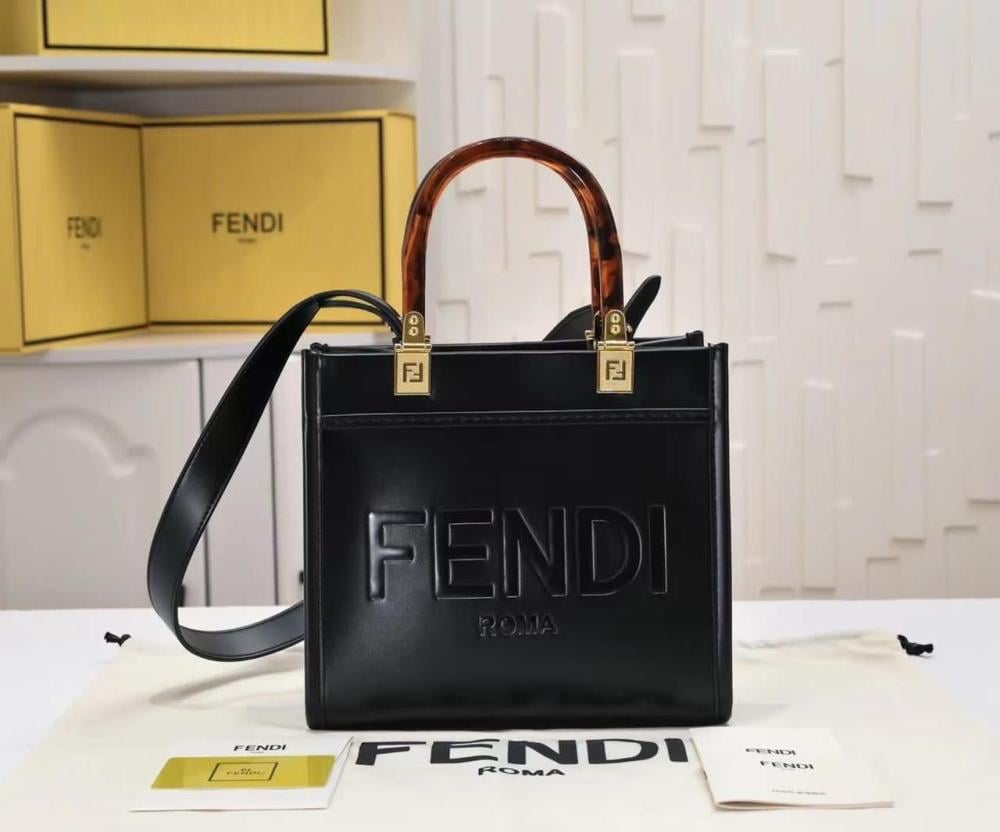 Fendi Black Leather Tote Bag with Black Shoulder Strap - E-SEVEN STORE