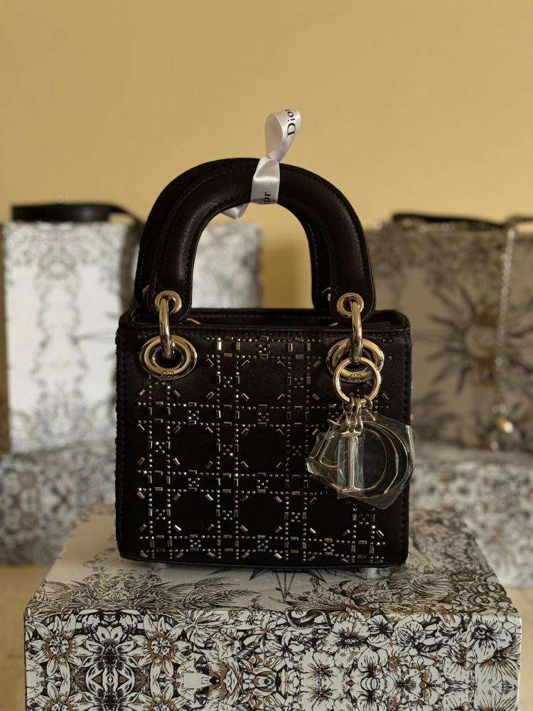 Lady Dior small leather bag, 17 cm, black, decorated with