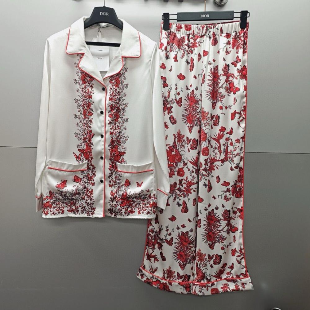 Dior women's wide-leg set, white shirt with red-patterned pants