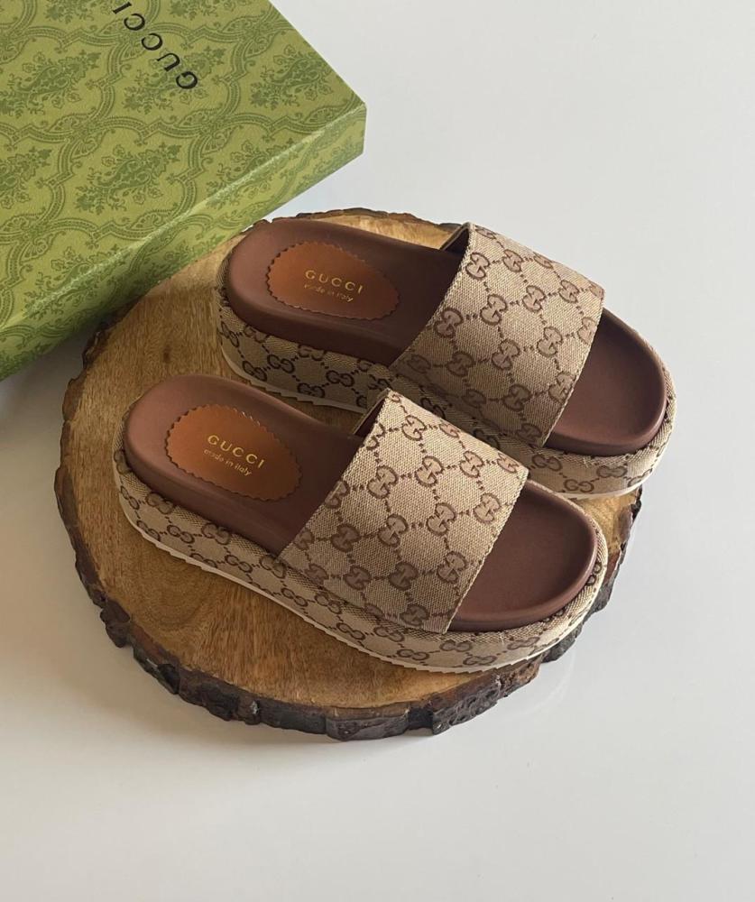 Gucci Women's GG Marmont Slipper - Beige Brown - E-SEVEN STORE