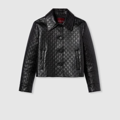 Gucci women's short black leather jacket in monogram color GG - E