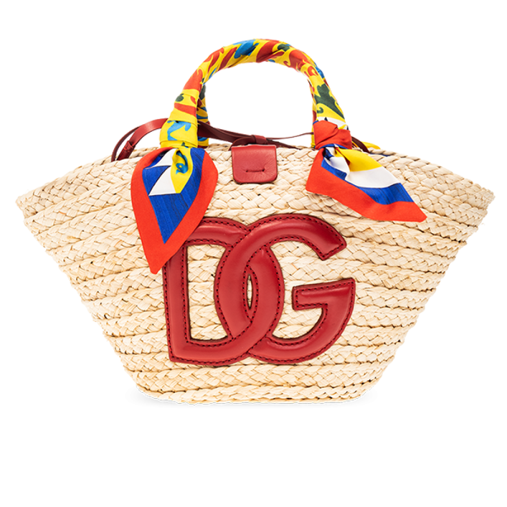 Dolce & Gabbana Kendra Straw Bag with Red Logo and Colored Handle