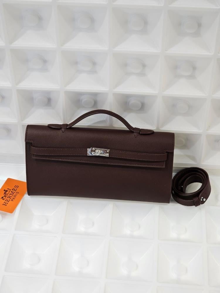Hermes Kelly clutch with 28cm shoulder strap, dark brown E-SEVEN