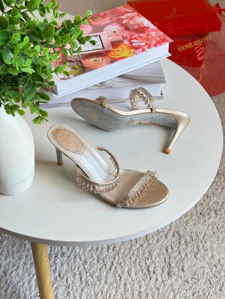 Hills Rene Caovilla beige studded strapless evening shoes