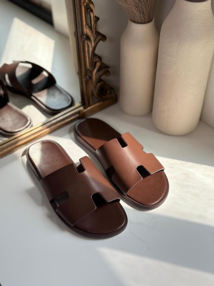 Hermes Oran Men's Soft Leather Slipper, Dark Brown - E-SEVEN STORE