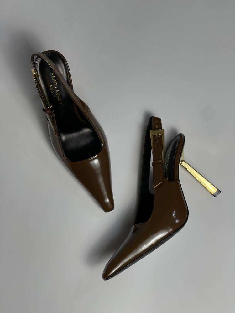 YSL 新品 パンプス35 ダークブラウン Saint Laurent Brown Slingback High Heel Pumps - E-SEVEN STORE