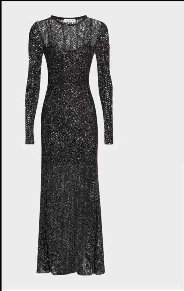 Alaya Long Sleeves Sheer Black Evening Dress with Lining - E
