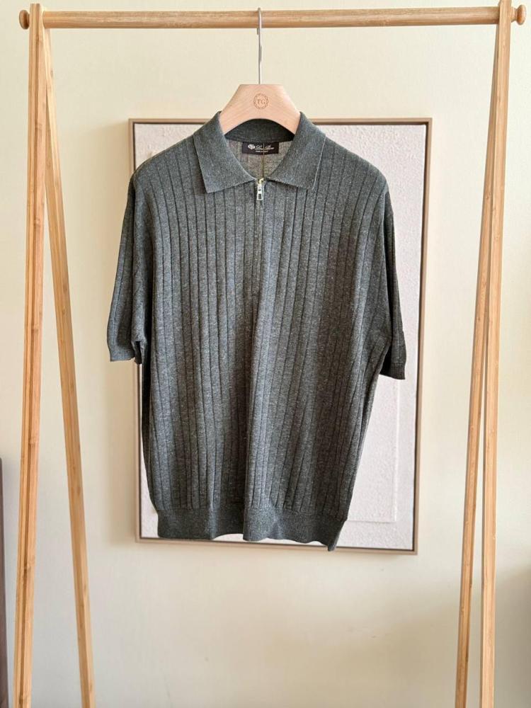 Loro Piana Grey Knitted Polo Collar Half Sleeve Shirt