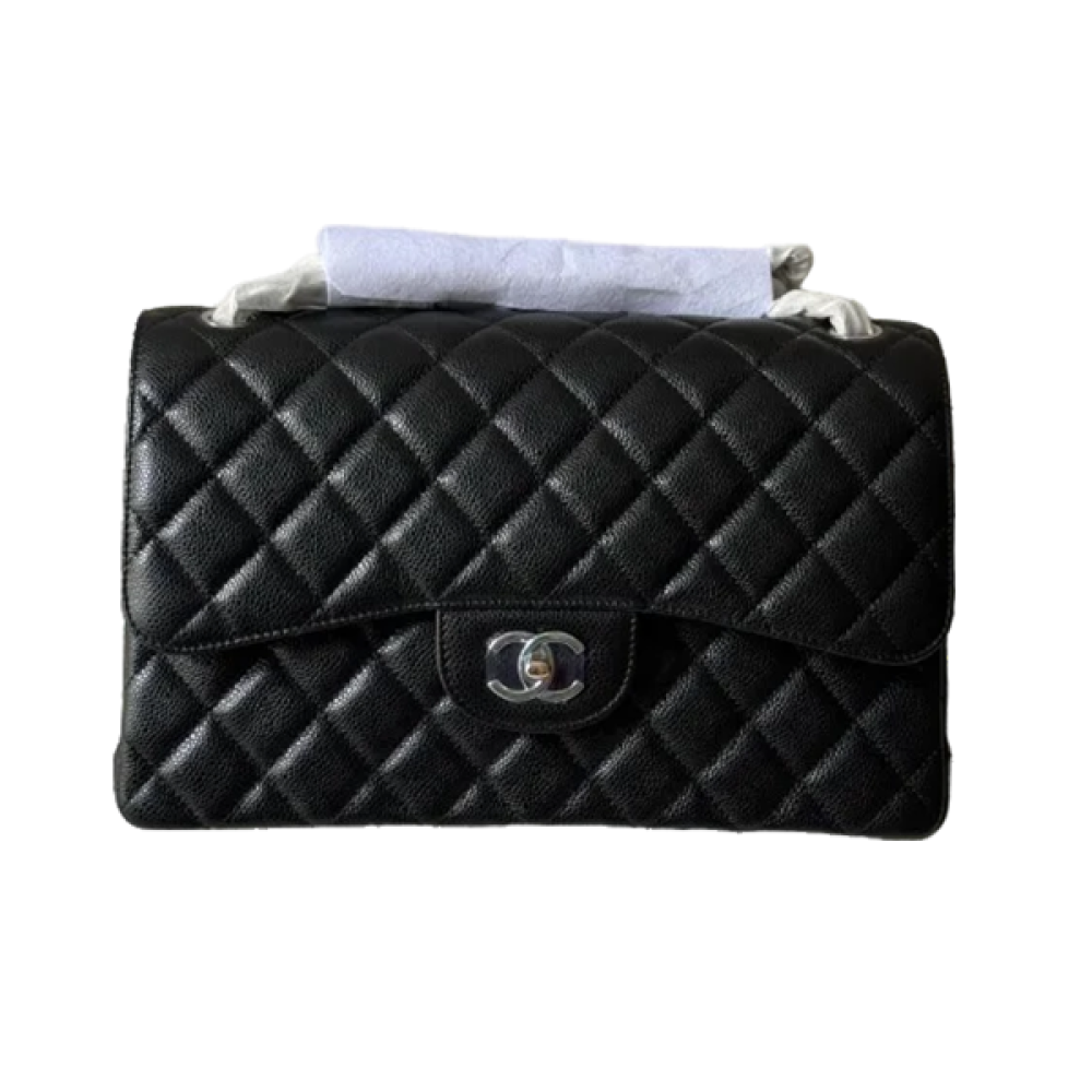 Chanel Caviar Classic 30cm Flap Shoulder Bag Black Silver Master