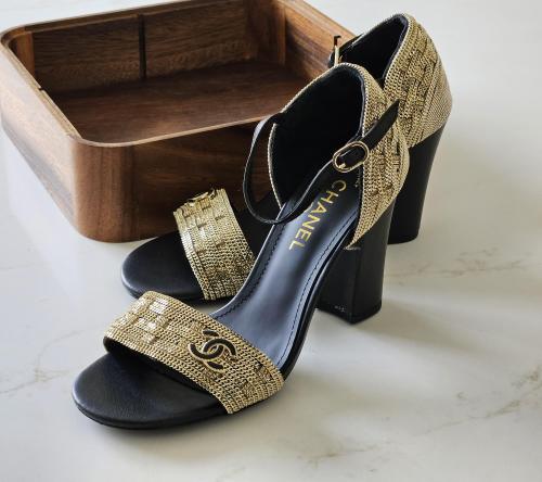 Black Chanel Ribbon Heels with Gold Embroidery | ESEVEN STORE