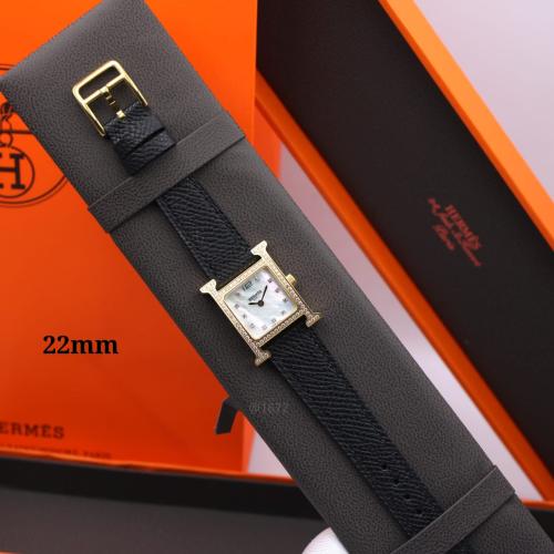 Hermes H Women's Black Leather Watch with Gold Studded Bezel
