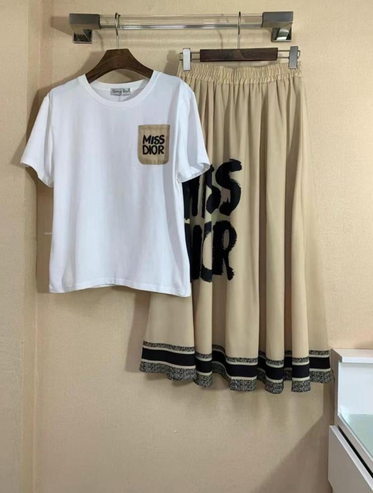 Miss Dior Women's Sport Set: Beige Skirt with White T-Shirt