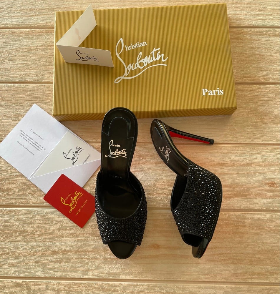 Christian Louboutin black high heel sandals with rhinestones E