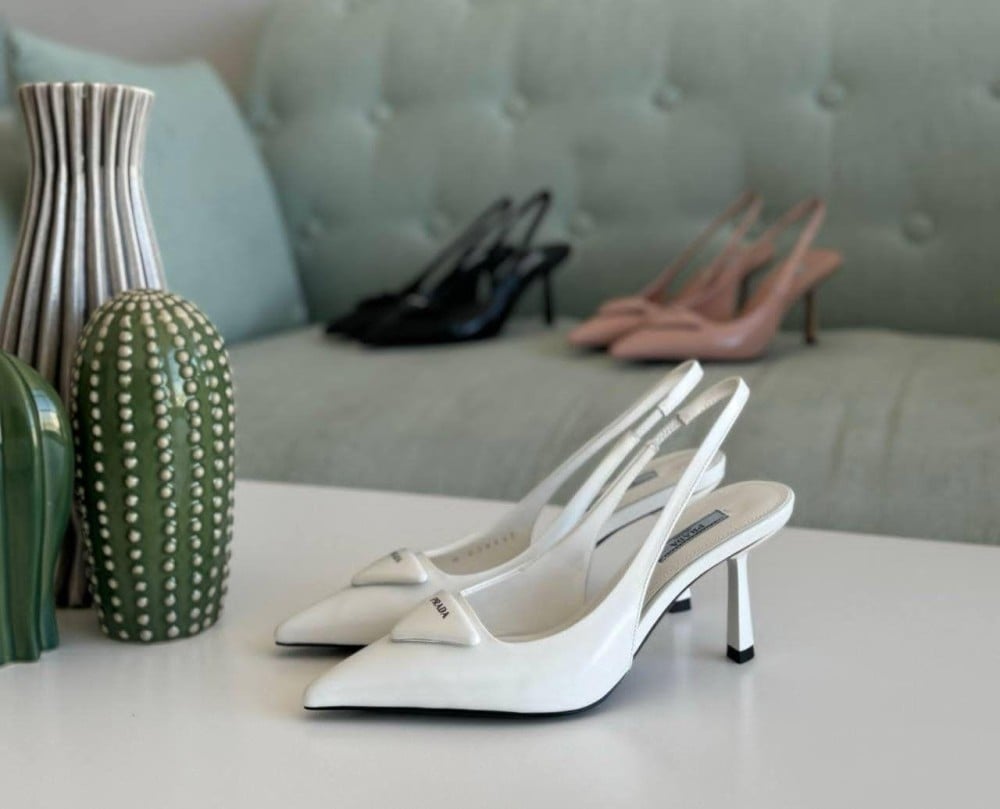 Prada White Mid Heel Slingback Sandal - E-SEVEN STORE