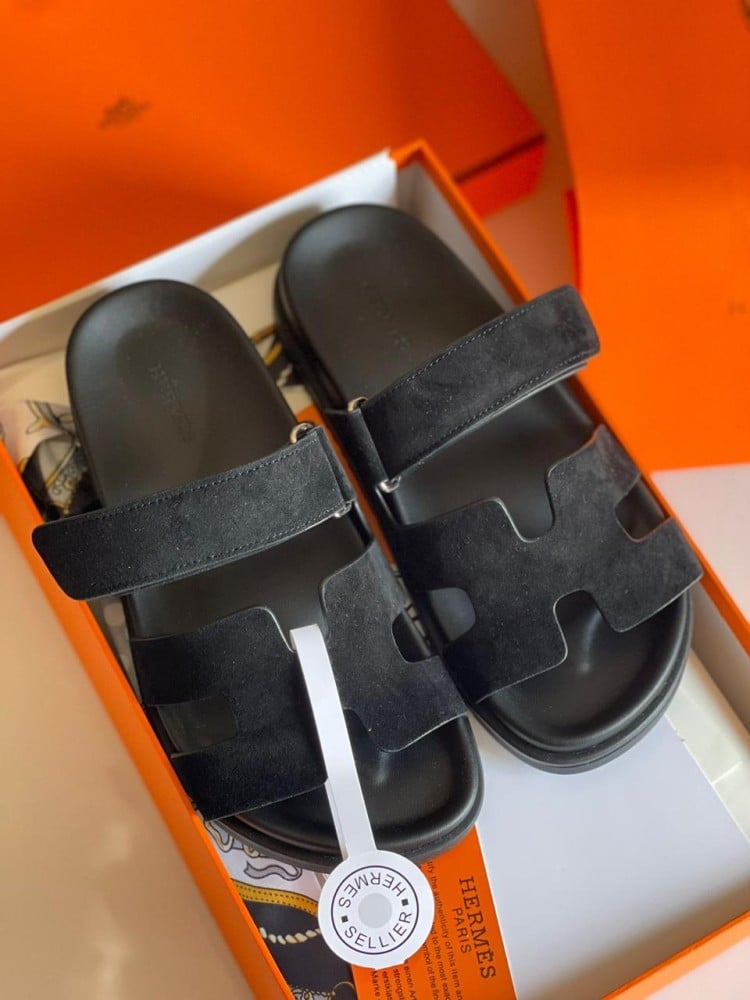 Hermes Chypre Black Supermaster Quality Suede Flat Sandal - E