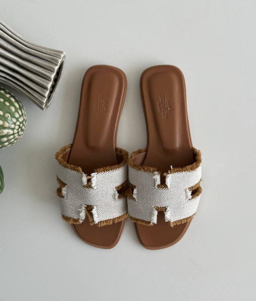 Hermes New Women's Slipper Light Brown and White Luxury