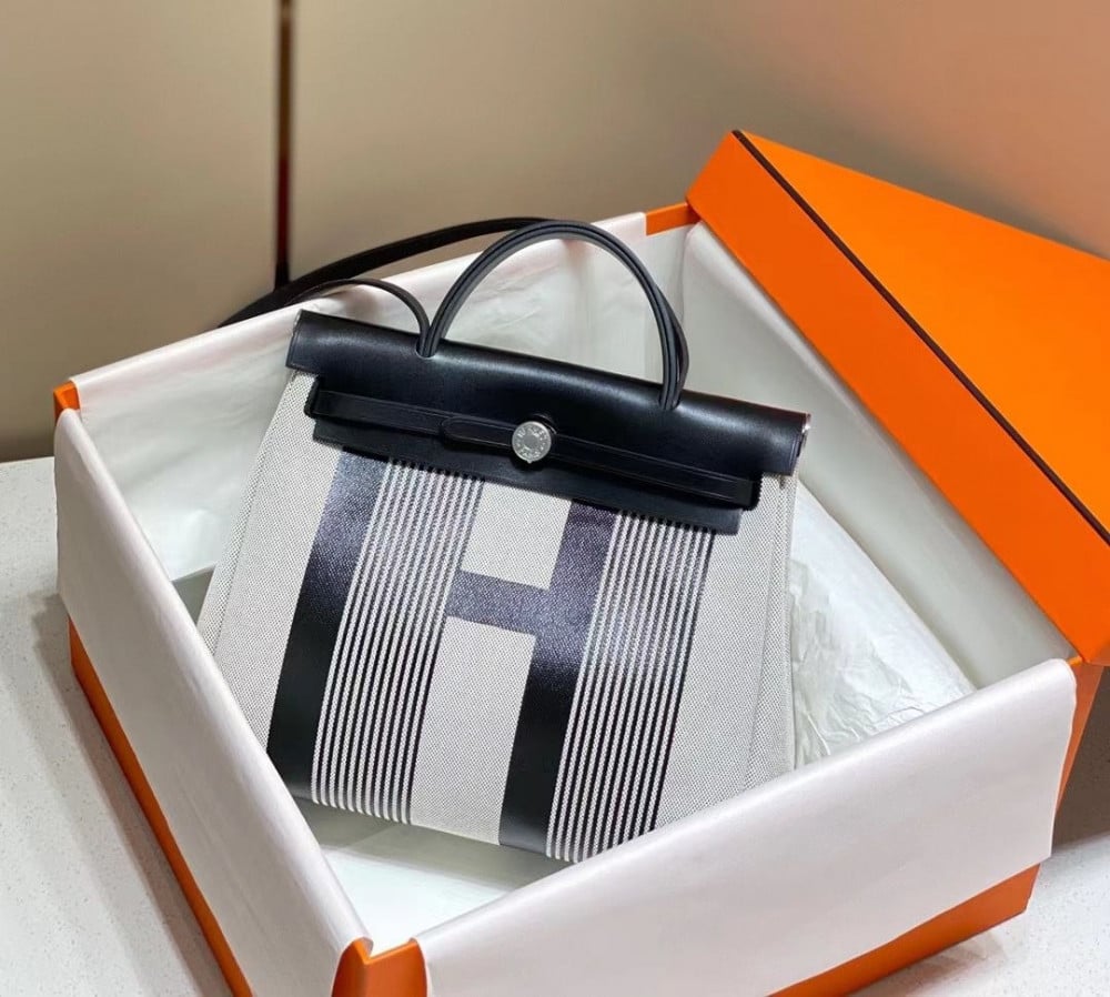 حقيبة يد هيرميس بيركين صغيرة جلد أسود أبيض - E-SEVEN STORE