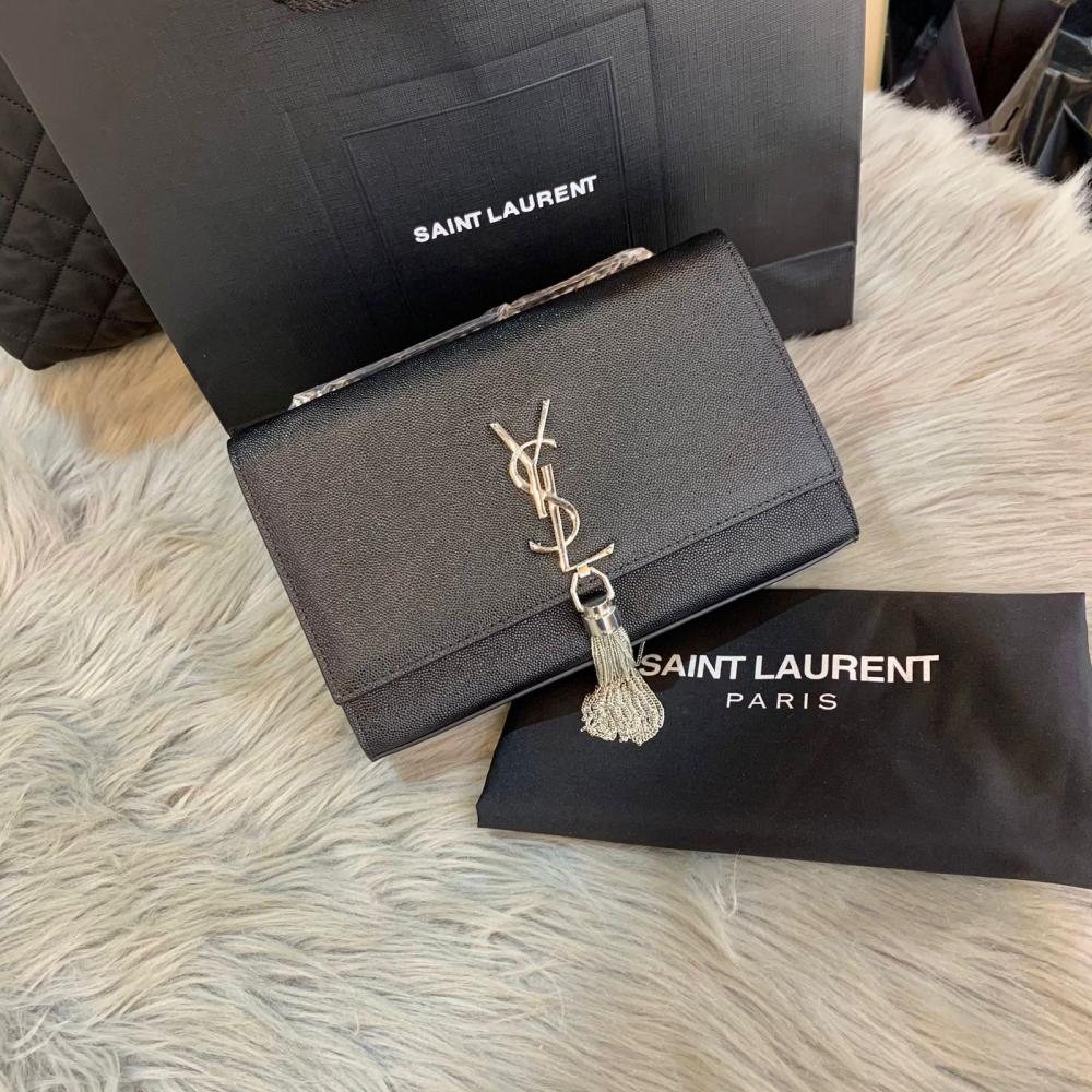 Saint Laurent Kate Grain Leather Flap Bag in Black with Silver Metal