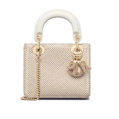 Micro Lady Dior bag with white pearl embellishment and top handles